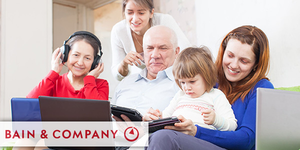 Happy multigeneration family with electronic communication devices